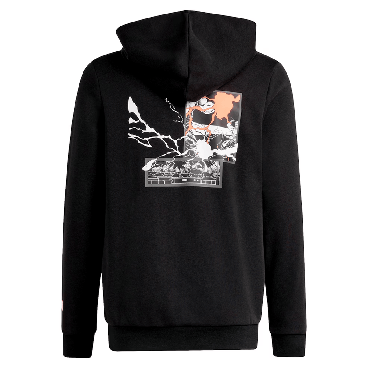 The adidas All Blacks 26/27 Marvel Hoodie features a black design with a vibrant graphic and illustrated character on the back, blending All Blacks pride with dynamic Marvel-inspired artwork.