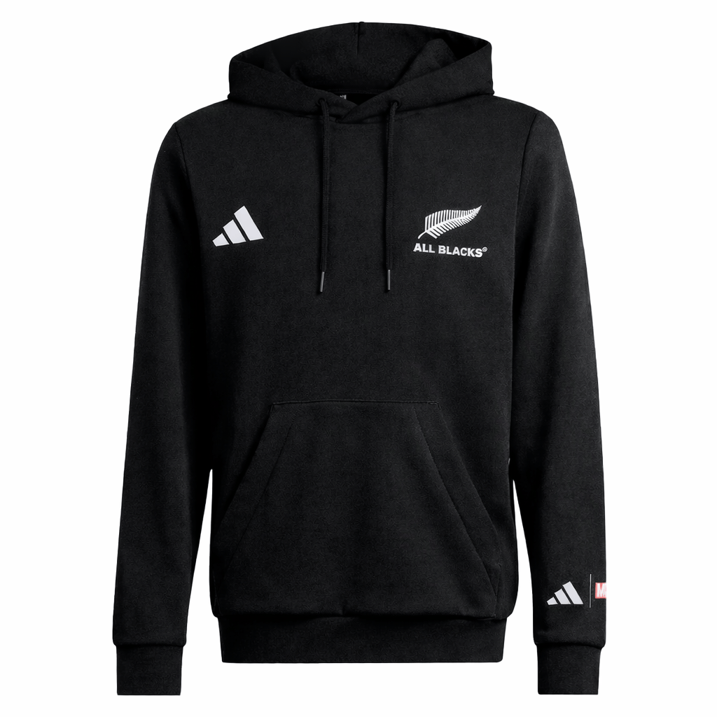 The adidas All Blacks 26/27 Marvel Hoodie is a black hoodie with a front pocket, adidas logo, and a subtle Marvel logo on the left sleeve.