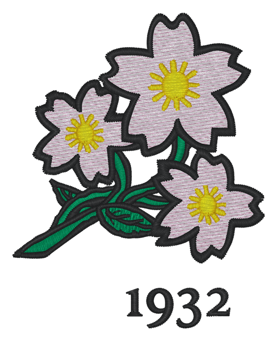 Illustration of three white flowers with yellow centers and green stems above "1932," inspired by the Nations of Rugby Japan Vintage Dad Cap by EMB S&S Activewear.