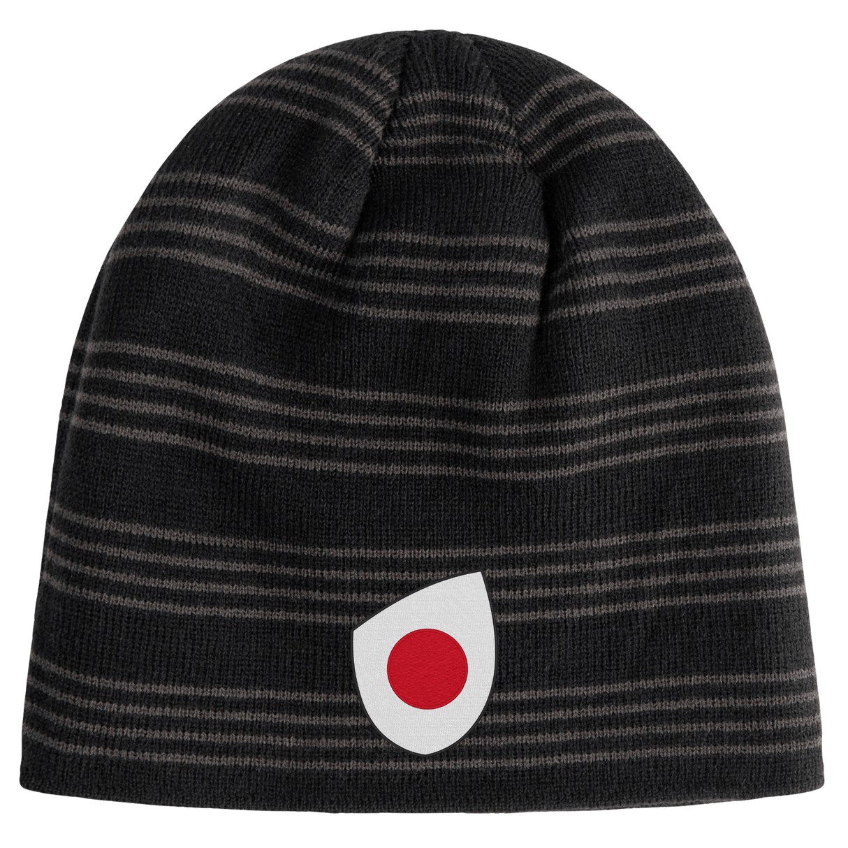 The EMB Canterbury Japan Shield Beanie sports a bold black and gray striped pattern, accented by a prominent red and white circular logo on the front.