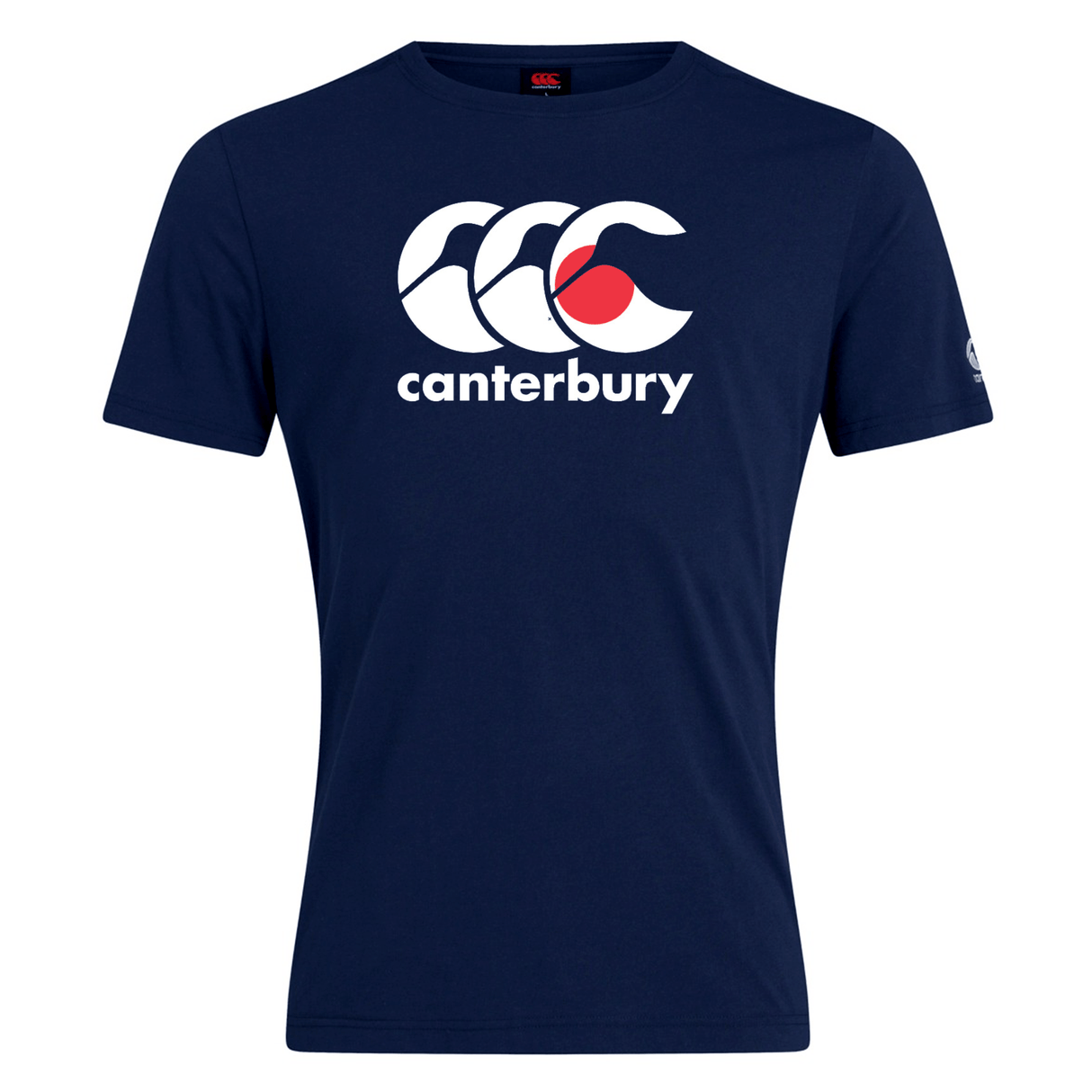 The WRS Canterbury Japan CCC Flag Club T-Shirt showcases a navy blue color with the classic white and red Canterbury logo on the front, made from a comfy cotton blend.