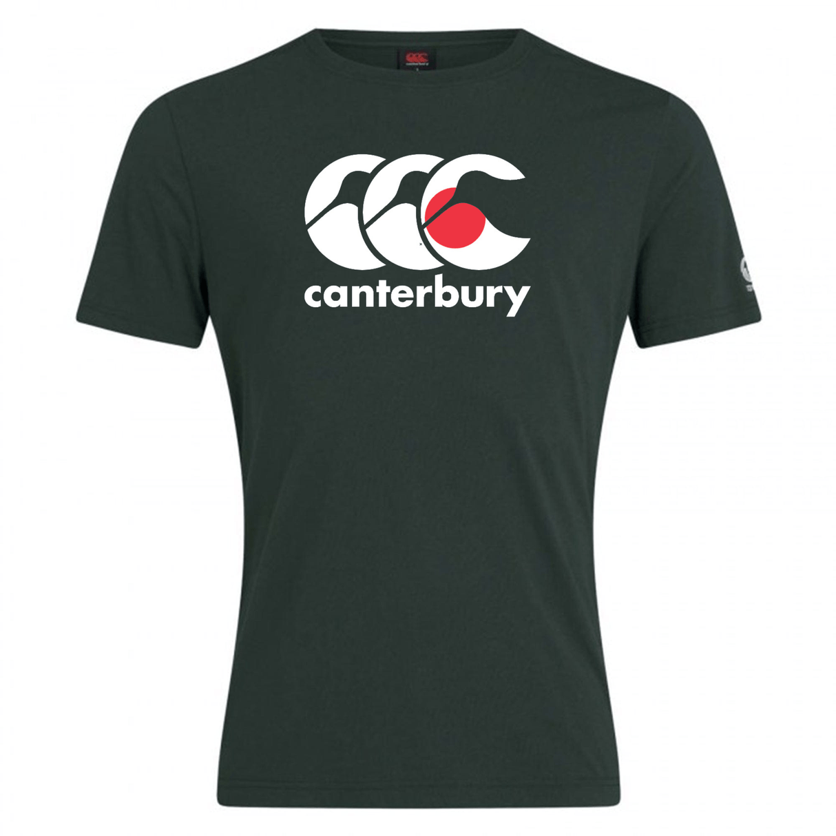 The WRS Canterbury Japan CCC Flag Club T-Shirt boasts a dark green color with a white and red Canterbury logo on the front. Made from a soft cotton blend, it offers both comfort and style.