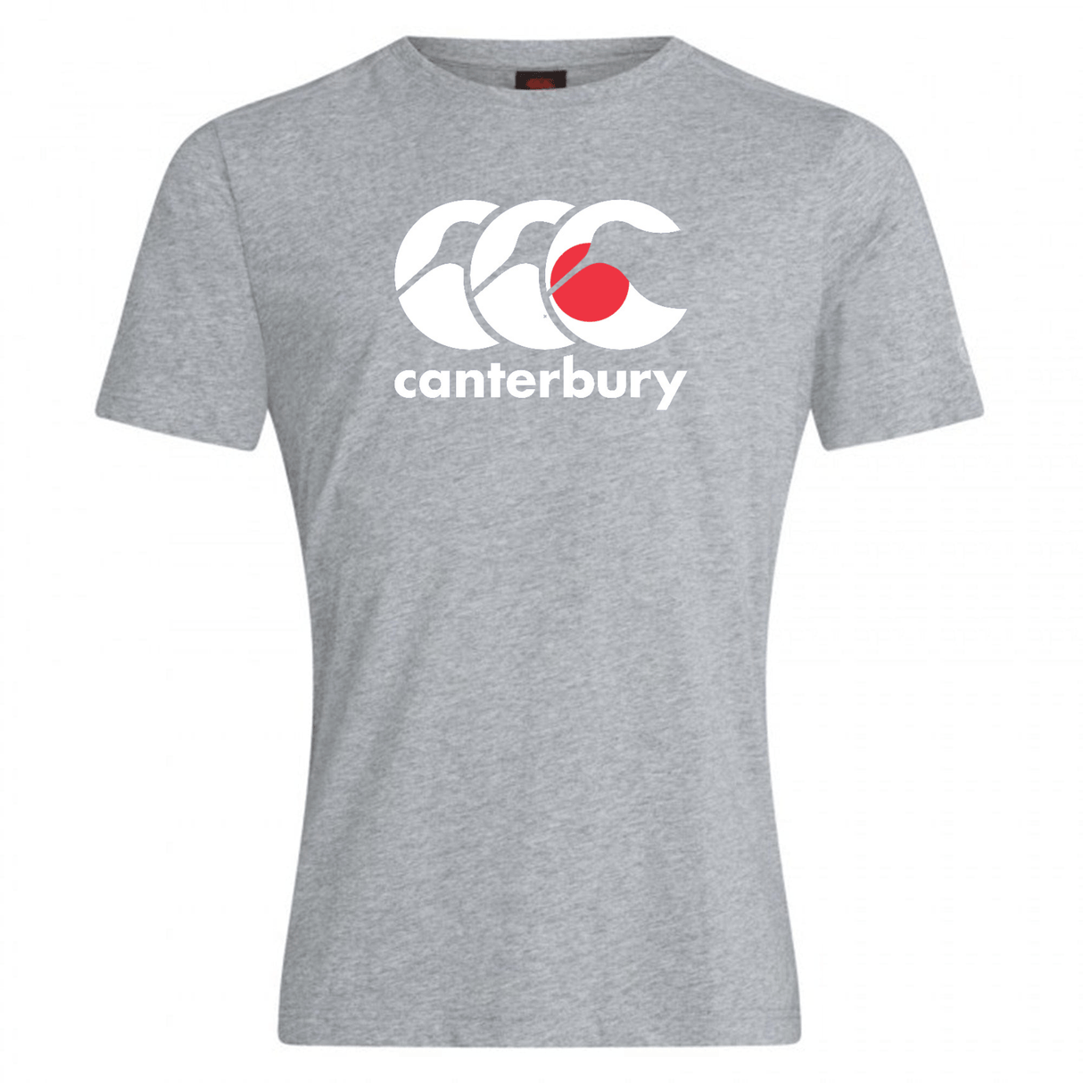 The Canterbury Japan CCC Flag Club T-Shirt by WRS Canterbury is a cotton-rich gray tee featuring the Kiwi logo with three stylized letter C's and a red dot.