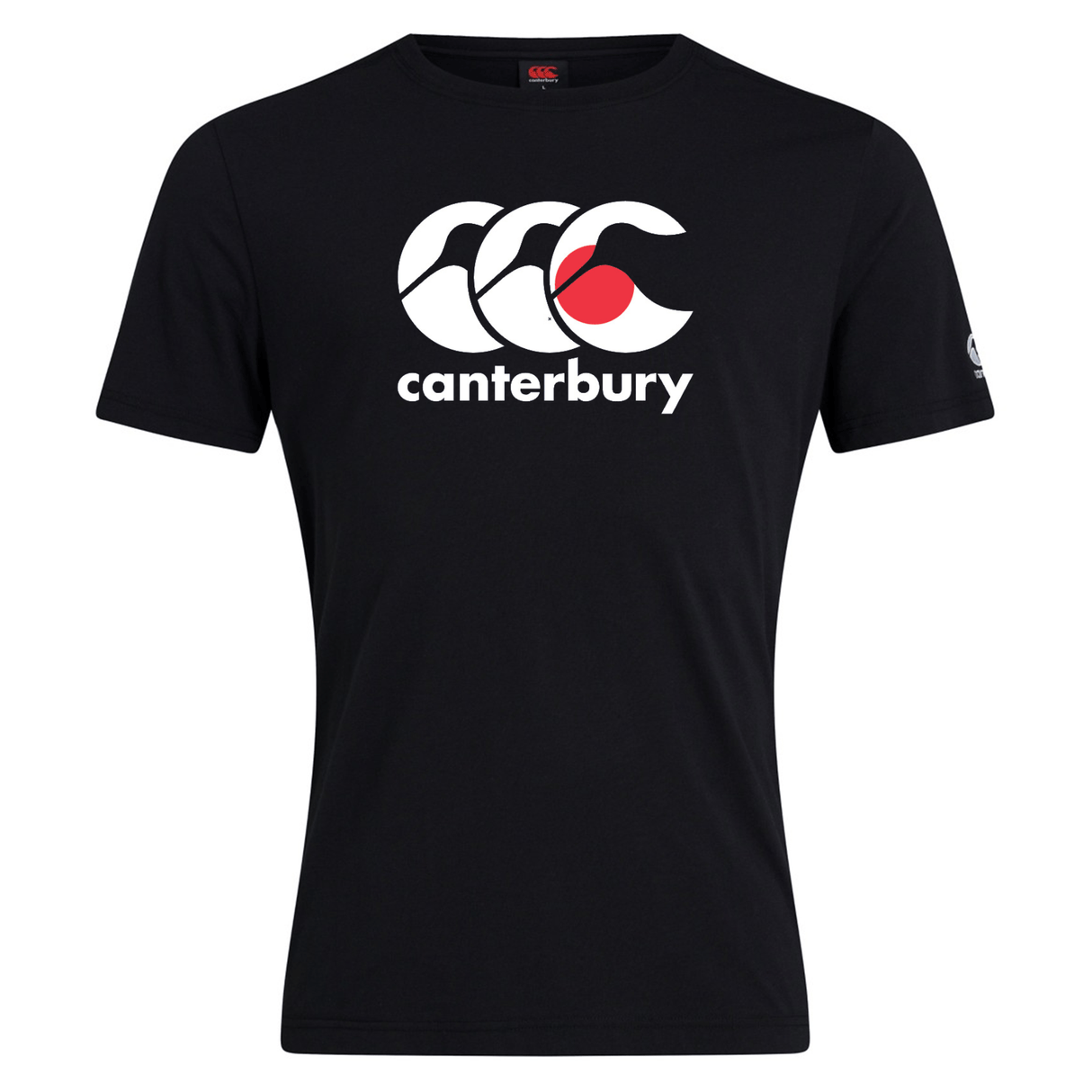 A black cotton blend T-shirt by WRS Canterbury, featuring the "Canterbury" logo with three white C's and a red circle on the chest, embodies the classic style of the Canterbury Japan CCC Flag Club T-Shirt.