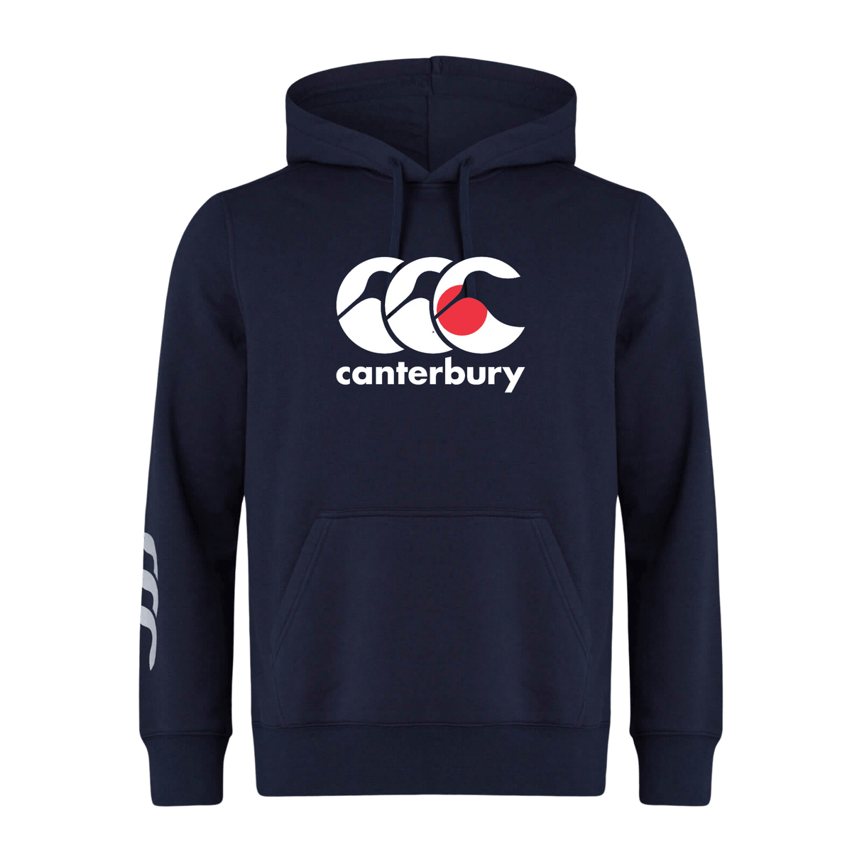 The Canterbury Japan CCC Flag Club Hoodie by WRS Canterbury is a navy blue hoodie with a white "Canterbury" logo of three overlapping "C" shapes on the front and has Canterbury branding in white on the left sleeve.