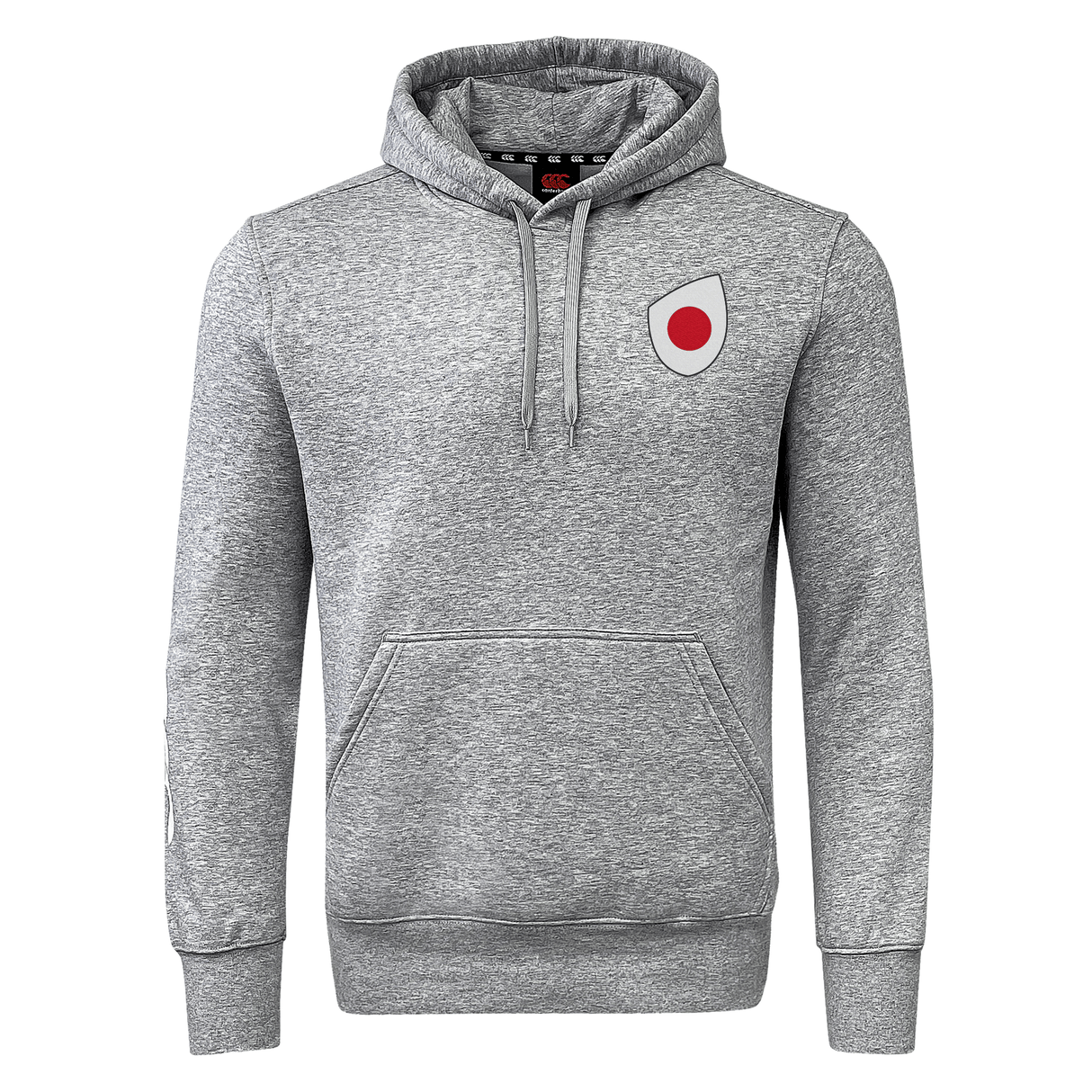The gray Japan Shield Club Hoodie from EMB Canterbury features a kangaroo pocket, adjustable drawstring hood, small red and white chest patch, and sleeve branding. Crafted from premium sweatshirt fleece for ultimate comfort.