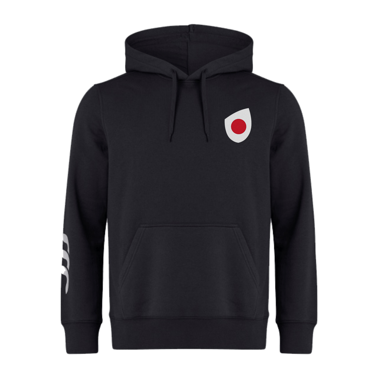 Introducing the Japan Shield Club Hoodie by EMB Canterbury: a black fleece hoodie featuring a bold red and white circle logo on the chest, complemented by Canterbury branding and three signature white stripes on the sleeves.