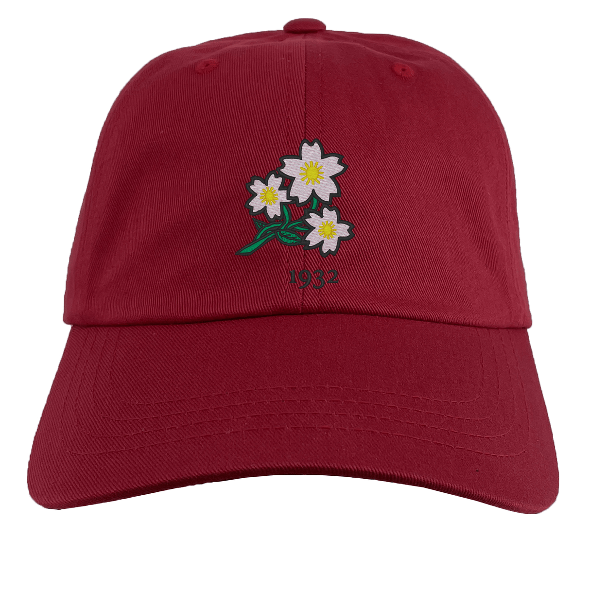 The EMB S&S Activewear Nations of Rugby Japan Vintage Dad Cap is a red cap with three white embroidered flowers, green stems, and "1932" below them, bringing a classic rugby vibe to your look.