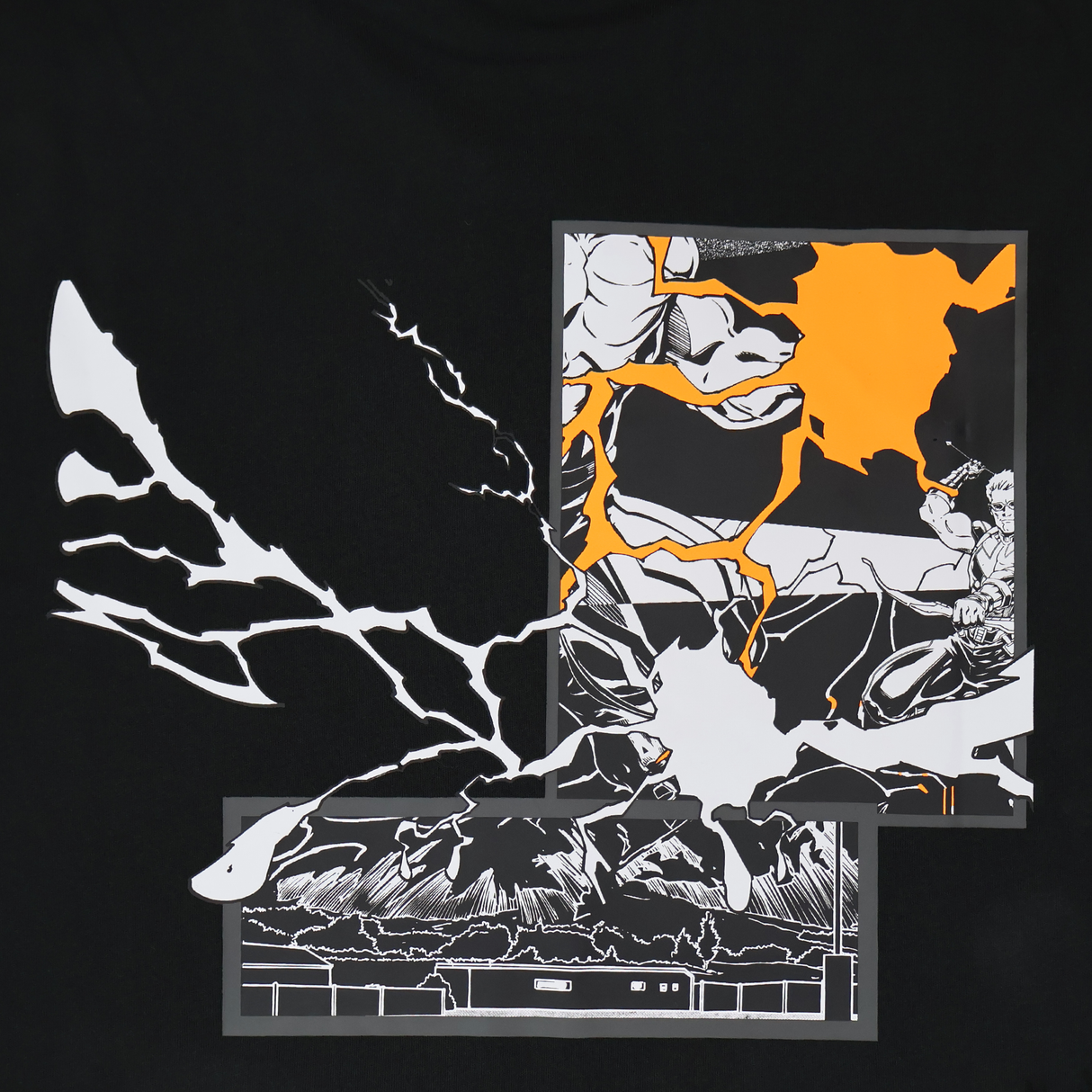 Featuring jagged white and orange lines, block shapes, and fragmented graphics over a black background, the All Blacks 26/27 Marvel Leisure Tee by adidas channels New Zealand rugby spirit and bold Marvel-inspired design.