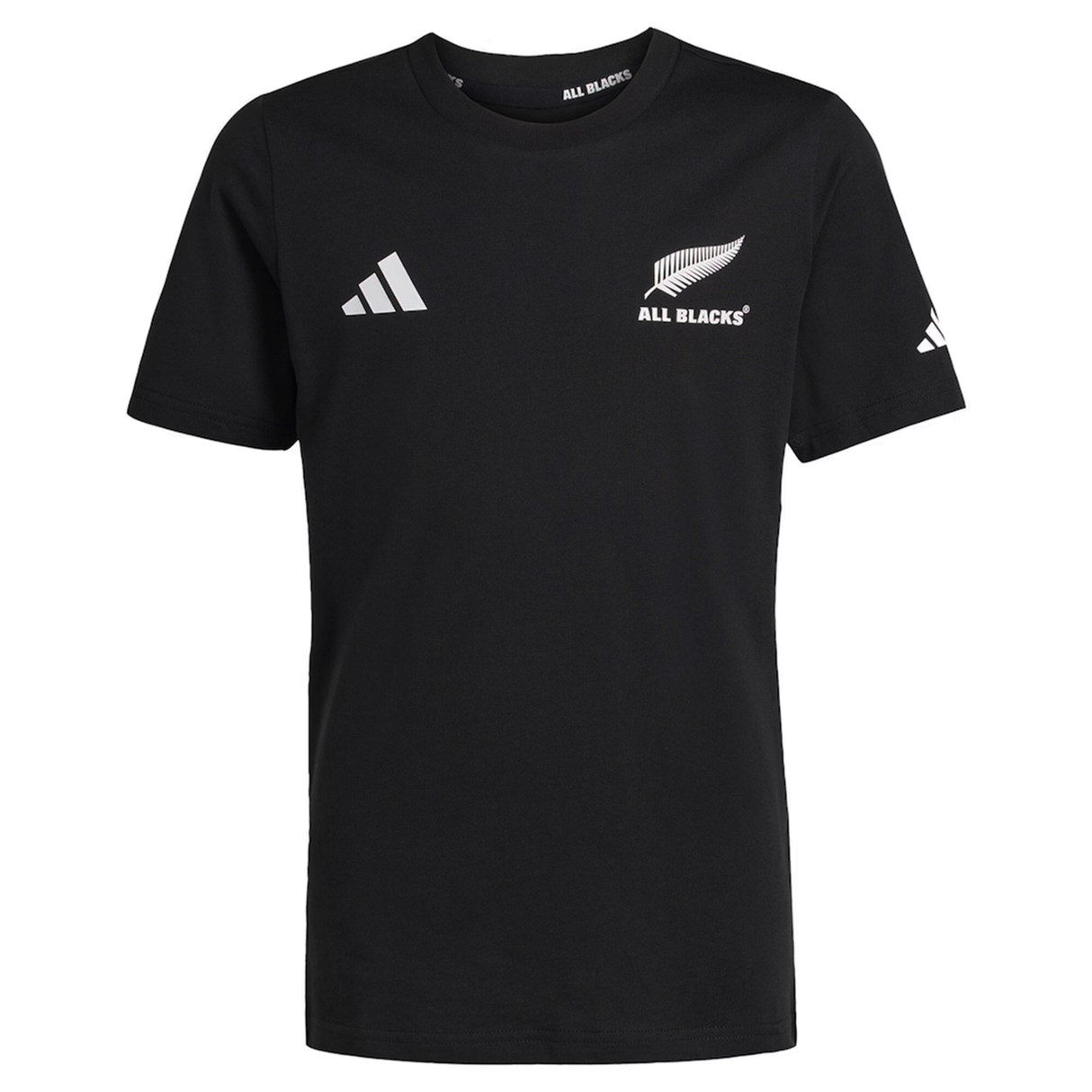 The All Blacks 26/27 Marvel Leisure Tee by adidas features the adidas logo, a silver fern, and "ALL BLACKS" text—ideal for fans seeking official style from adidas.