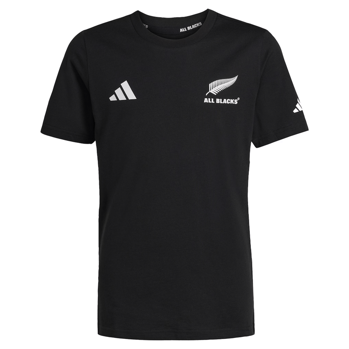 The All Blacks 26/27 Marvel Leisure Tee by adidas features the adidas logo, a silver fern, and "ALL BLACKS" text—ideal for fans seeking official style from adidas.