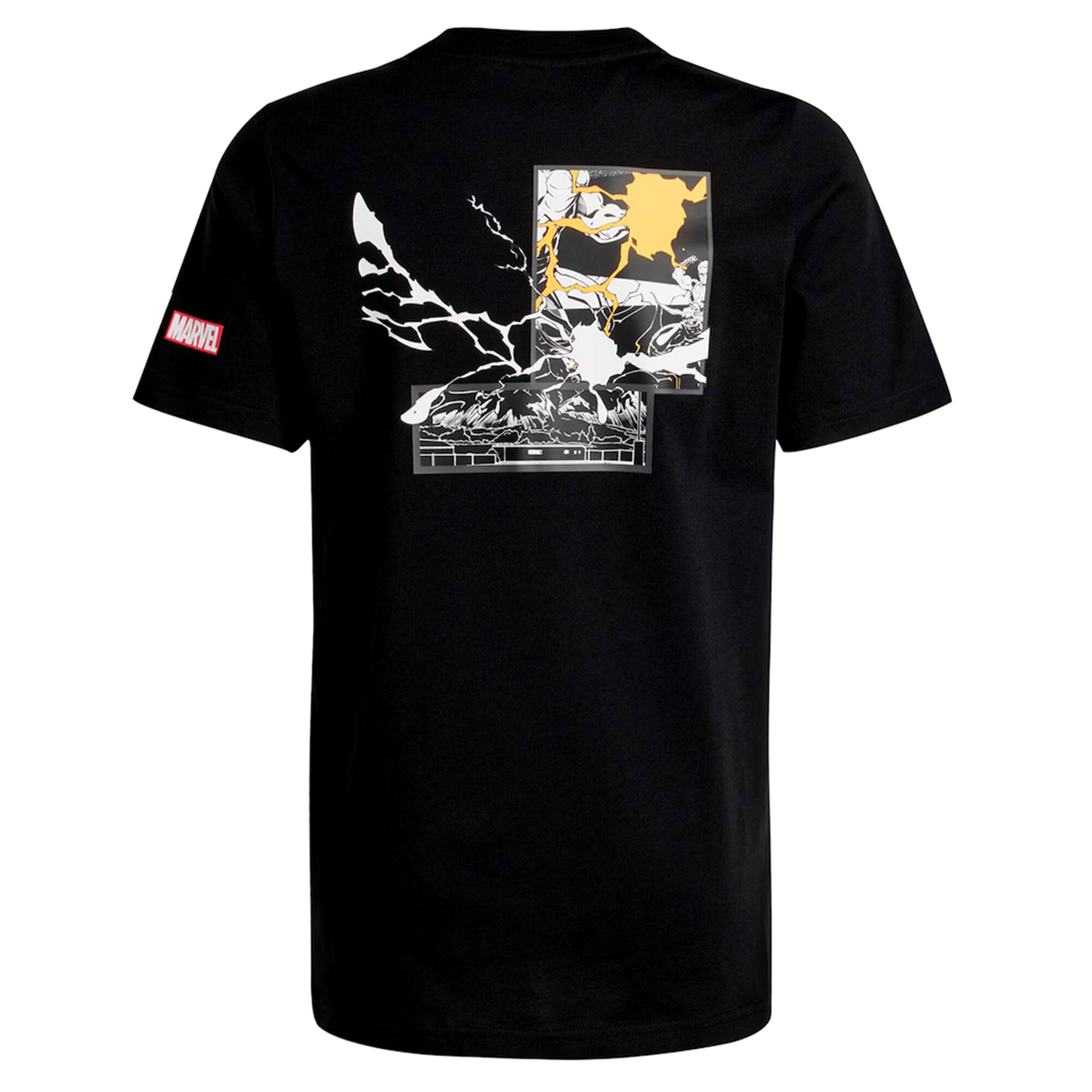 The All Blacks 26/27 Marvel Leisure Tee by adidas is a black T-shirt with a comic-style superhero graphic on the back and the Marvel logo on the sleeve—perfect for fans of New Zealand rugby and adidas collaborations.