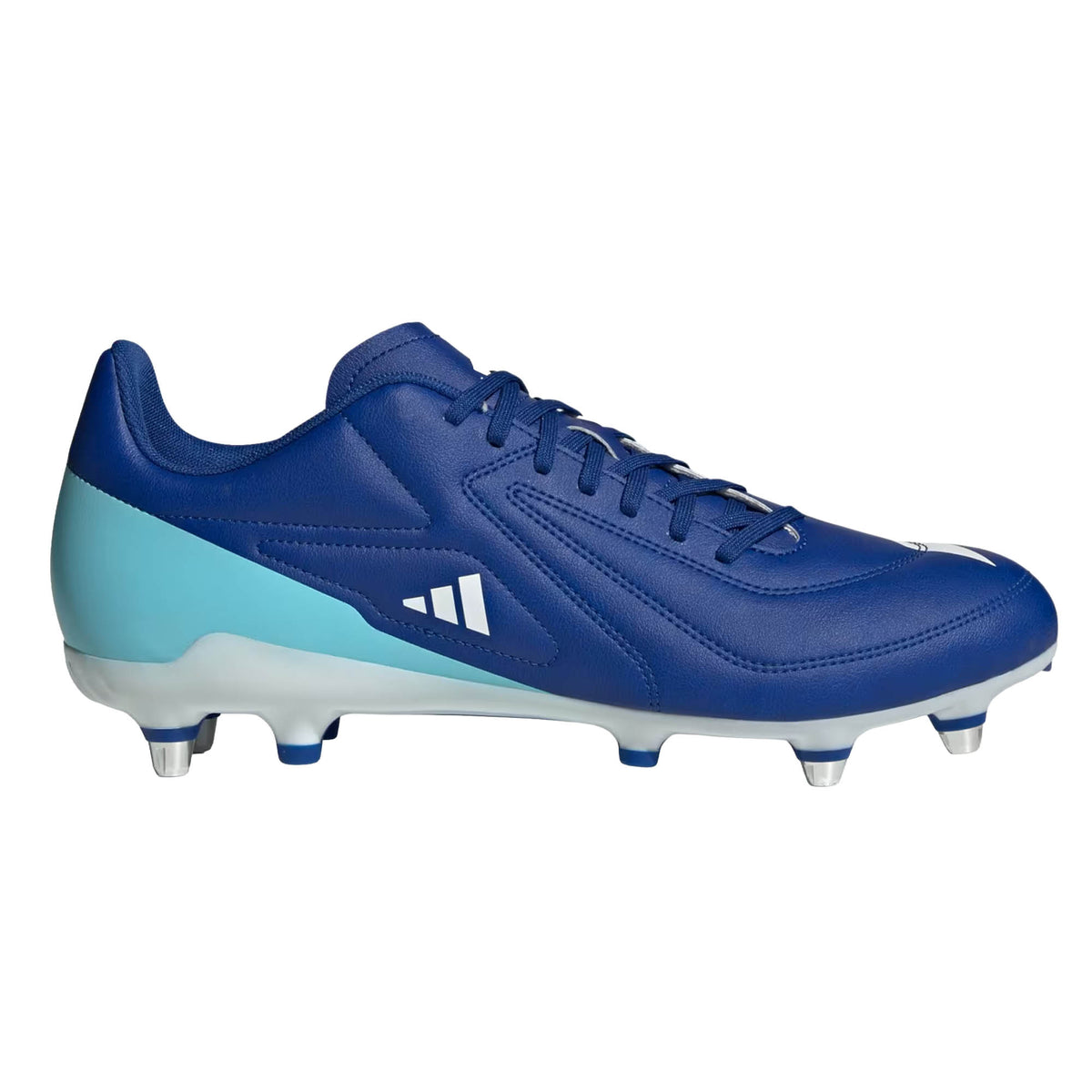 The adidas RS-15 SG in Royal, White, and Light Blue is a football cleat inspired by the iconic RS15 soft ground rugby boots, featuring metal studs on the outsole and displayed in a side profile against a white background.