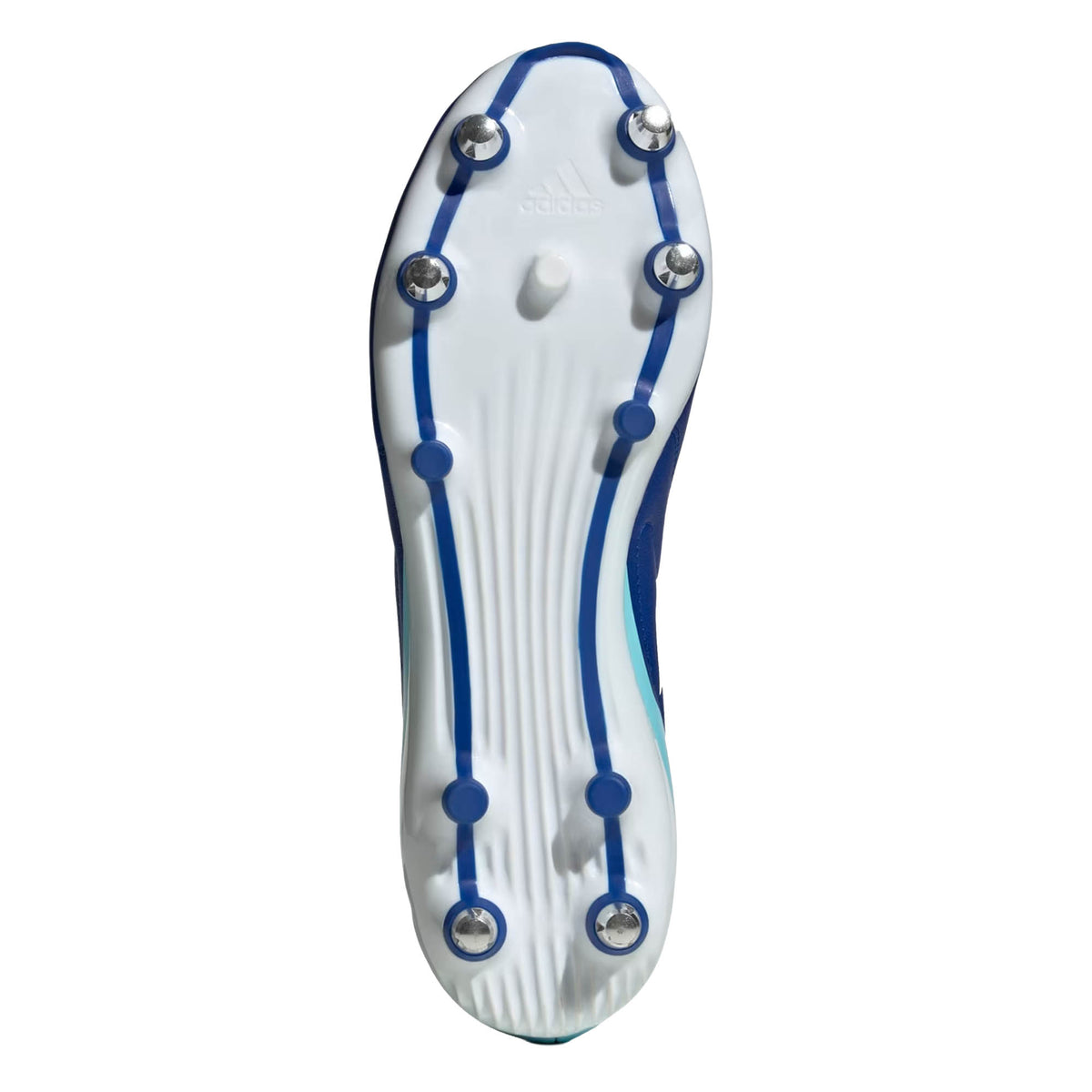 The image displays the underside of the adidas RS-15 SG rugby boots in Royal/White/Light Blue by adidas, featuring eight metal studs and a blue design on a white sole—making them ideal soft ground rugby boots for optimal grip.
