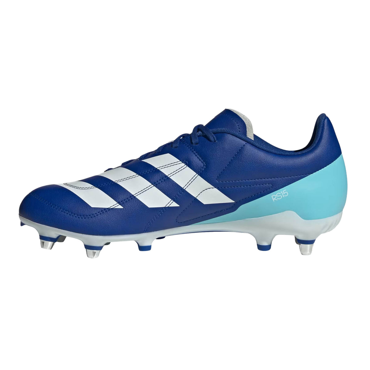 The adidas RS-15 SG in Royal, White, and Light Blue is a soccer cleat inspired by traditional soft ground rugby boots, featuring four conical studs, iconic white side stripes, and a gradient light blue heel.