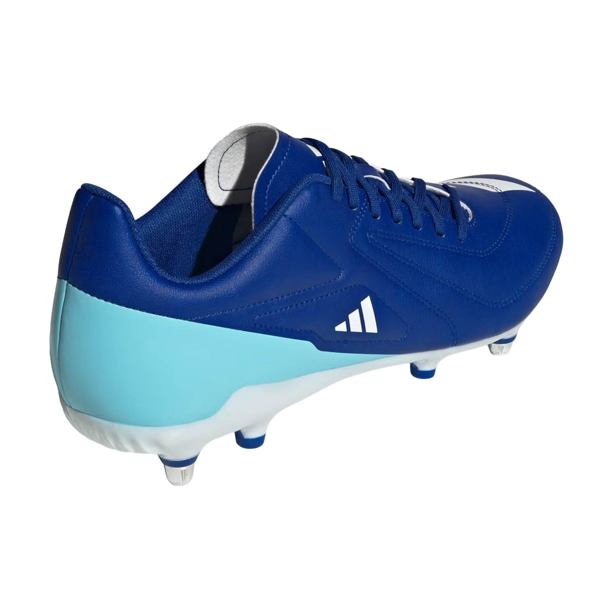 The adidas RS-15 SG in Royal/White/Light Blue features a blue and light blue design with white accents, laces, and metal studs on the sole, making these boots ideal as soft ground rugby boots.
