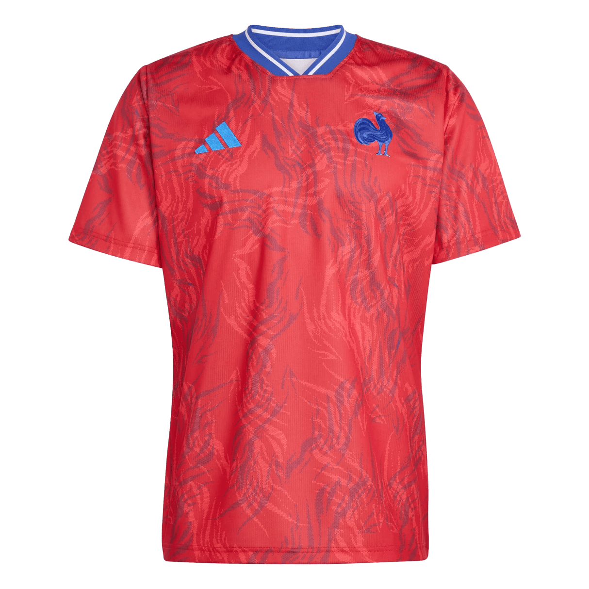 The adidas France Rugby Prematch Jersey features red short sleeves, a blue and white collar, blue adidas logo on the right chest, and a blue rooster emblem on the left. Climacool tech keeps you cool and comfortable during intense matches.