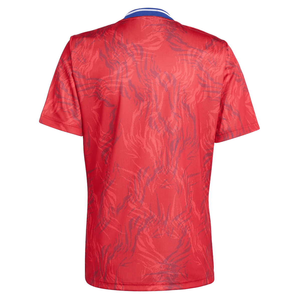 The France Rugby Prematch Jersey by adidas is a short-sleeved red jersey with a blue and white collar, subtle back patterns, and advanced Climacool technology for superior comfort.