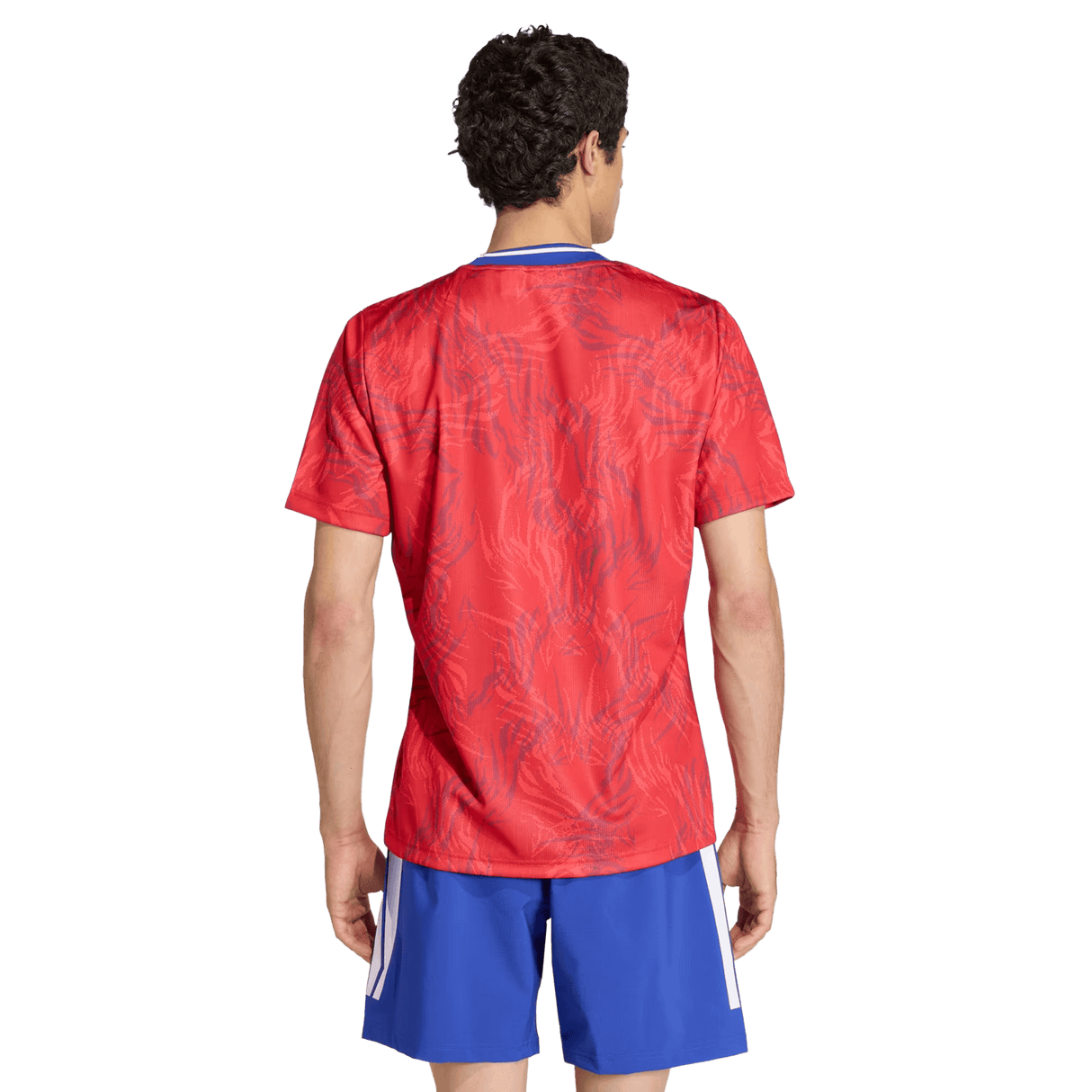 A man faces away from the camera, wearing an adidas France Rugby Prematch Jersey with Climacool technology and blue athletic shorts with white accents.