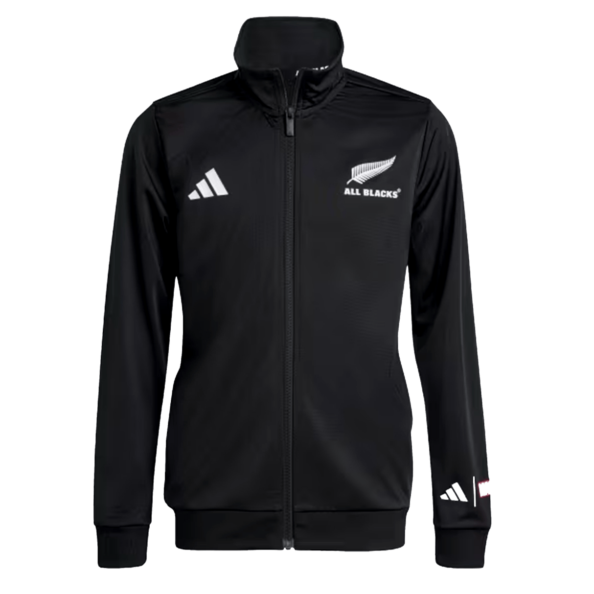 The All Blacks 26/27 Marvel Track Top by adidas is a black zip-up jacket with a high collar, featuring adidas and All Blacks logos on the chest plus a small sleeve logo, inspired by Marvel sportswear.