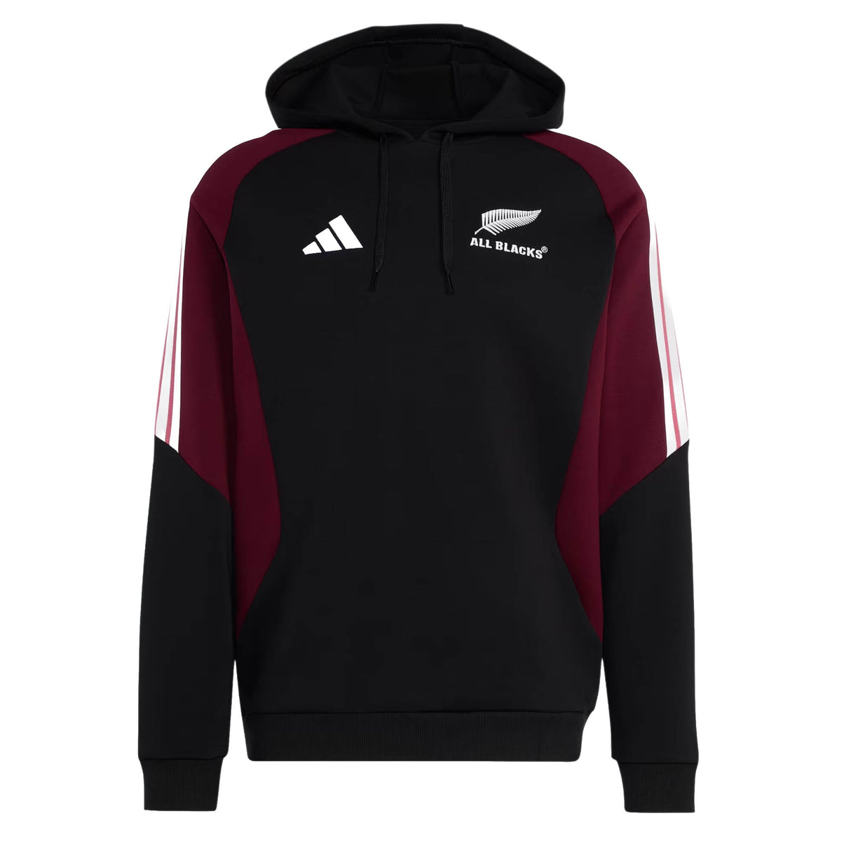 The All Blacks 27/28 Hoodie by adidas combines striking black and maroon colors with iconic white sleeve stripes and features the New Zealand rugby team’s logo on the chest, making it an essential choice for adidas enthusiasts and All Blacks fans alike.