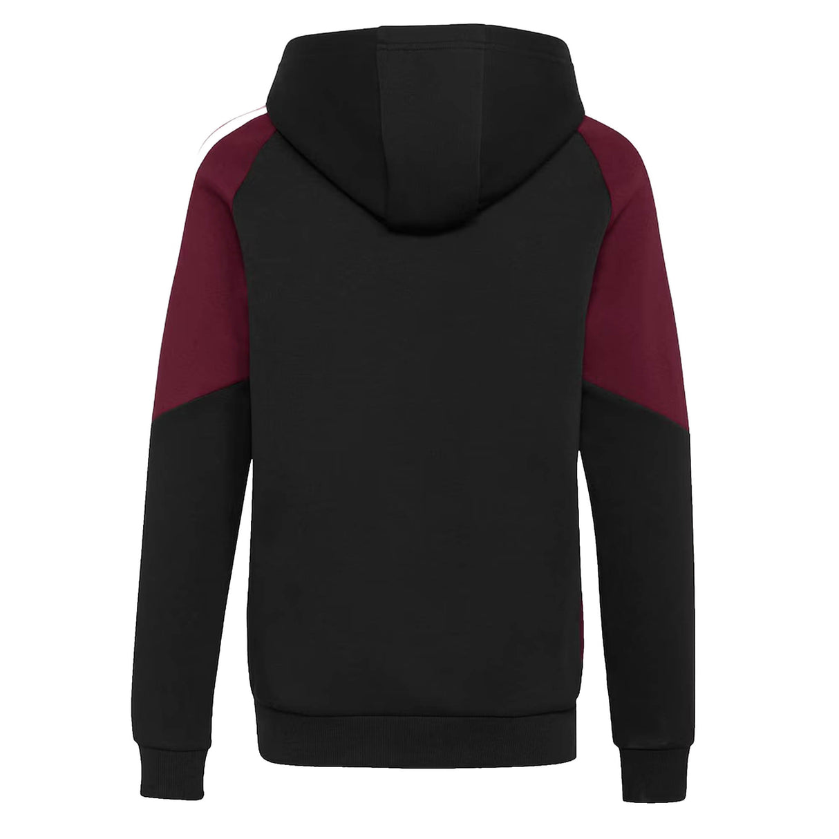 The All Blacks 27/28 Hoodie by adidas features a black hood and body with maroon sleeves and upper side panels, displayed from the back against a white background. Inspired by New Zealand rugby, this sleek and athletic adidas hoodie channels the spirit of the legendary All Blacks team.