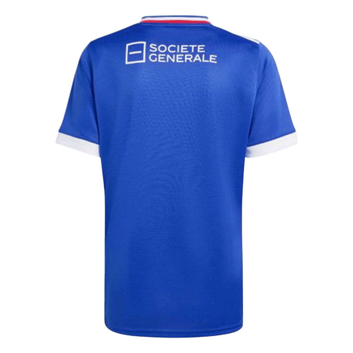 The France FFR 25/26 Replica Home Jersey by adidas, shown from the back, is a blue short-sleeve jersey with white sleeve and collar trim and features the Societe Generale logo in white.