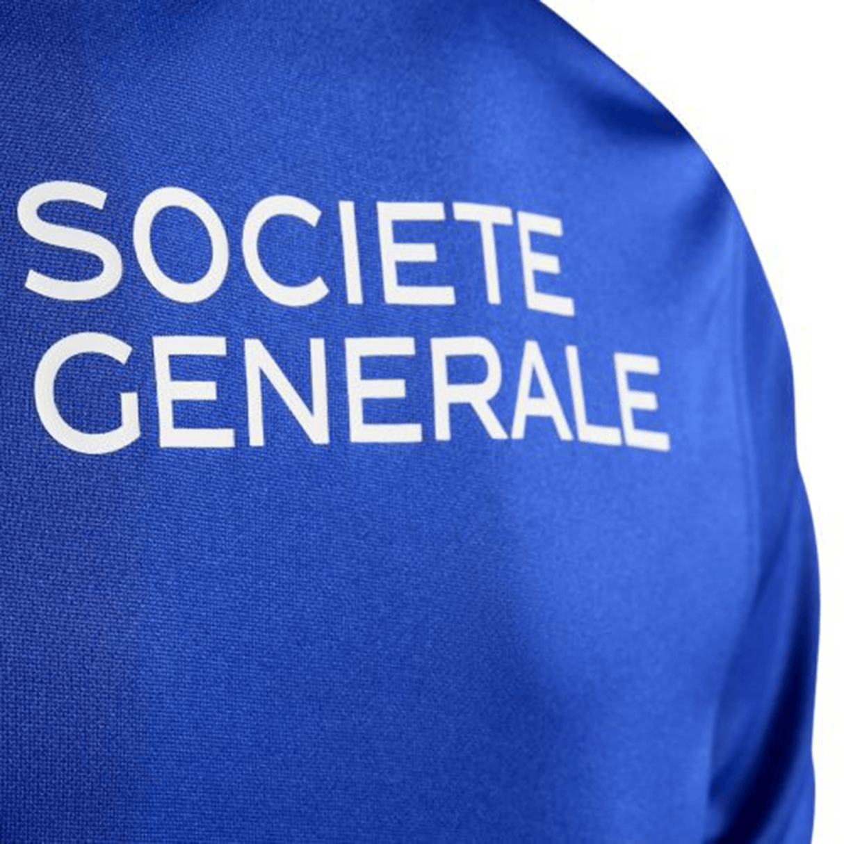 Close-up of the France FFR 25/26 Replica Home Jersey by adidas, featuring blue fabric and white "SOCIETE GENERALE" text.