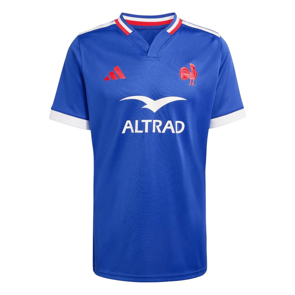 Show your pride in the France FFR 25/26 Replica Home Jersey by adidas—a blue authentic rugby jersey with white trim, adidas logo, rooster emblem, and "ALTRAD" sponsor text—perfect for true fans.