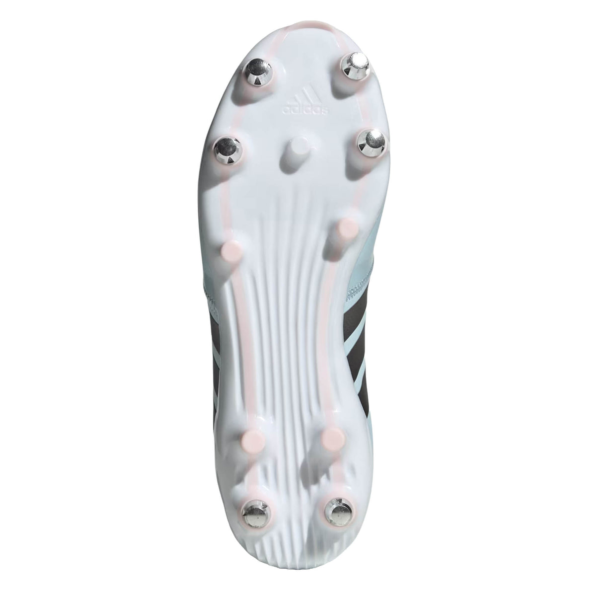 Bottom view of an adidas RS-15 Avaglide Rise SG rugby boot in Ice Blue/Iron/Pink, featuring six metal studs and three plastic studs, with the iconic adidas logo near the forefoot. Designed specifically for women, this soft ground boot provides grip and stability for high-performance play.