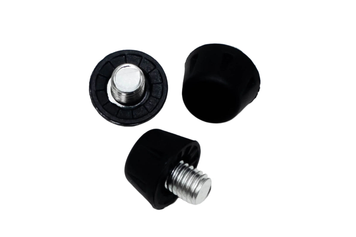Three WRS All Surface/All Weather M6 Stud Kit screws by Starlai Corp on a white surface, suitable for converting soft ground boots or installing on artificial grass.
