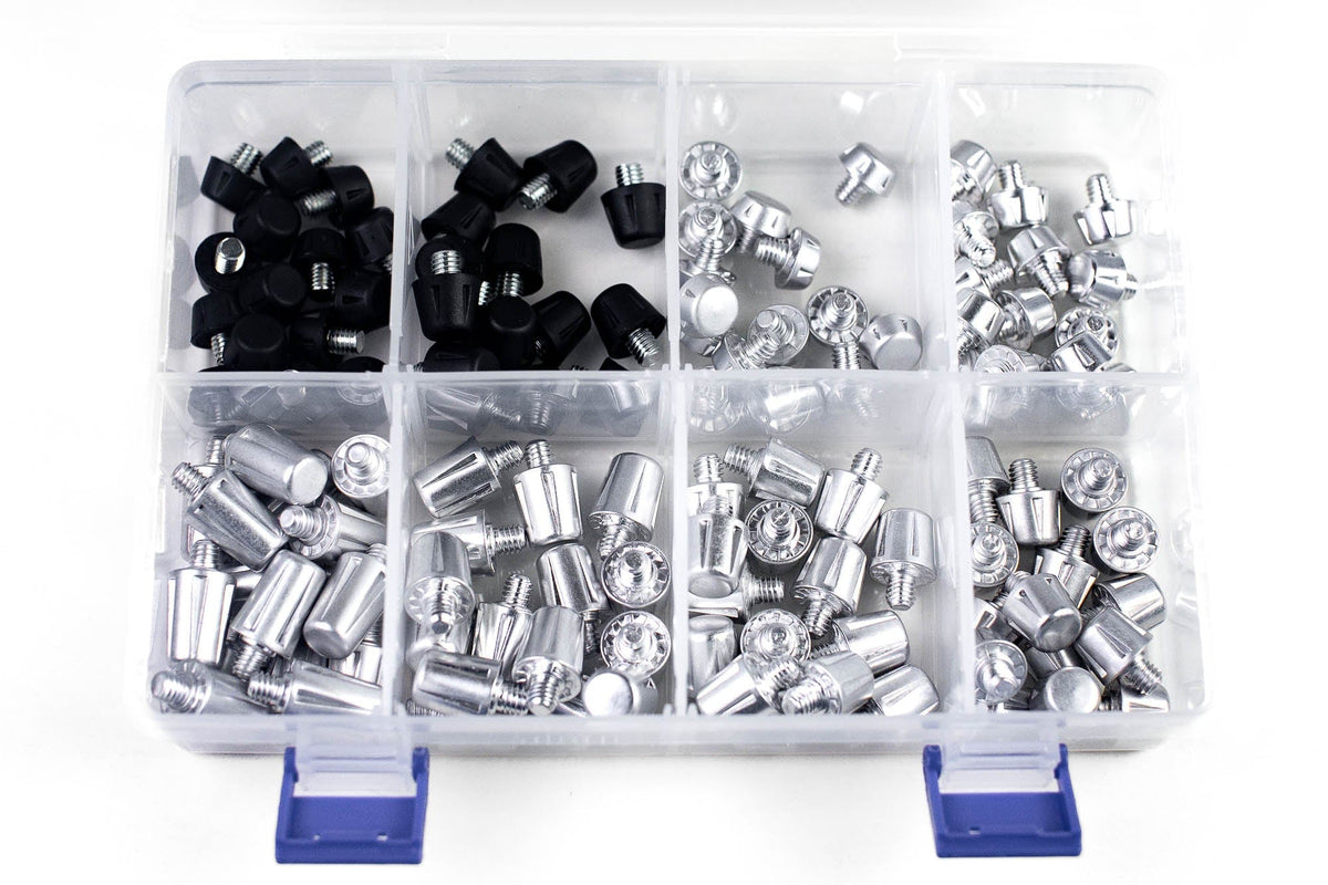 A clear plastic box filled with the Starlai Corp WRS All Surface/All Weather M6 Stud Kit, specifically designed for converting soft ground boots into all surface/all weather M6 studs.