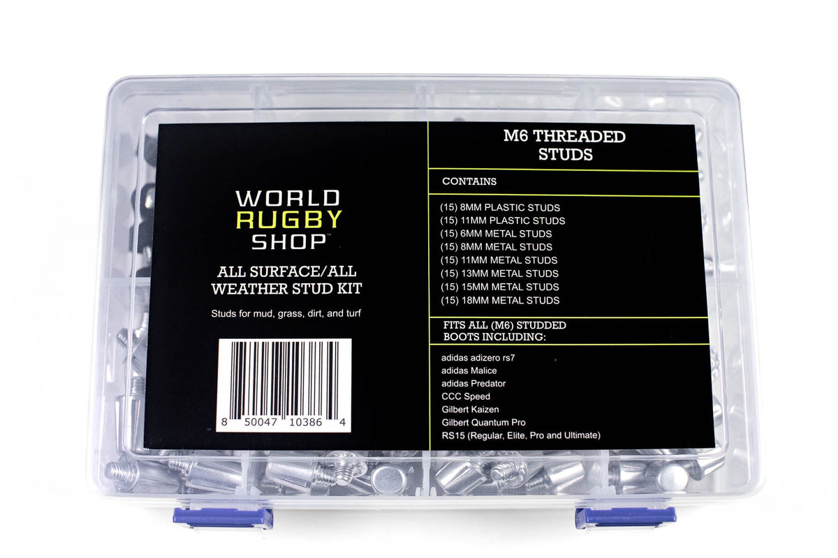 A Starlai Corp plastic box with a WRS All Surface/All Weather M6 Stud Kit for world rugby. Suitable for artificial grass and firm/hard natural grass surfaces.