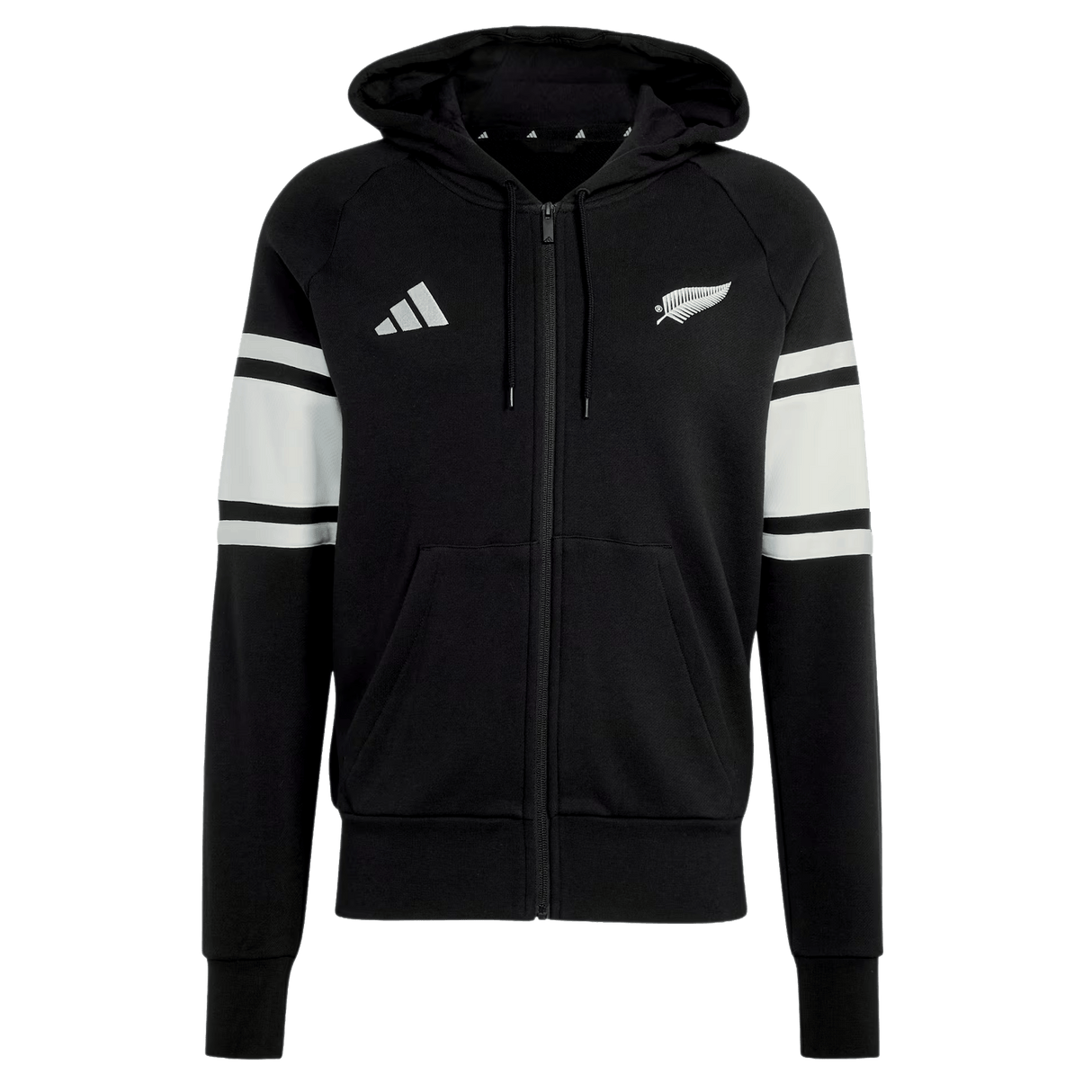 The All Blacks 26/27 Travel Full Zip Hoodie by adidas is a black hoodie with white sleeve stripes, hood, front pockets, and adidas and silver fern logos—ideal for New Zealand rugby fans.