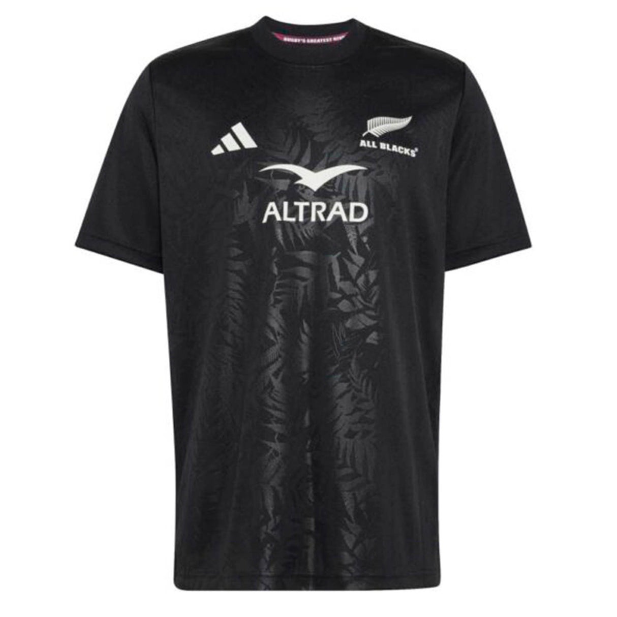 The All Blacks Greatest Rivalry Supporters Tee by adidas showcases the adidas, Altrad, and All Blacks logos on the front, features a subtle leaf pattern in black, and is an essential piece for every New Zealand rugby fan.