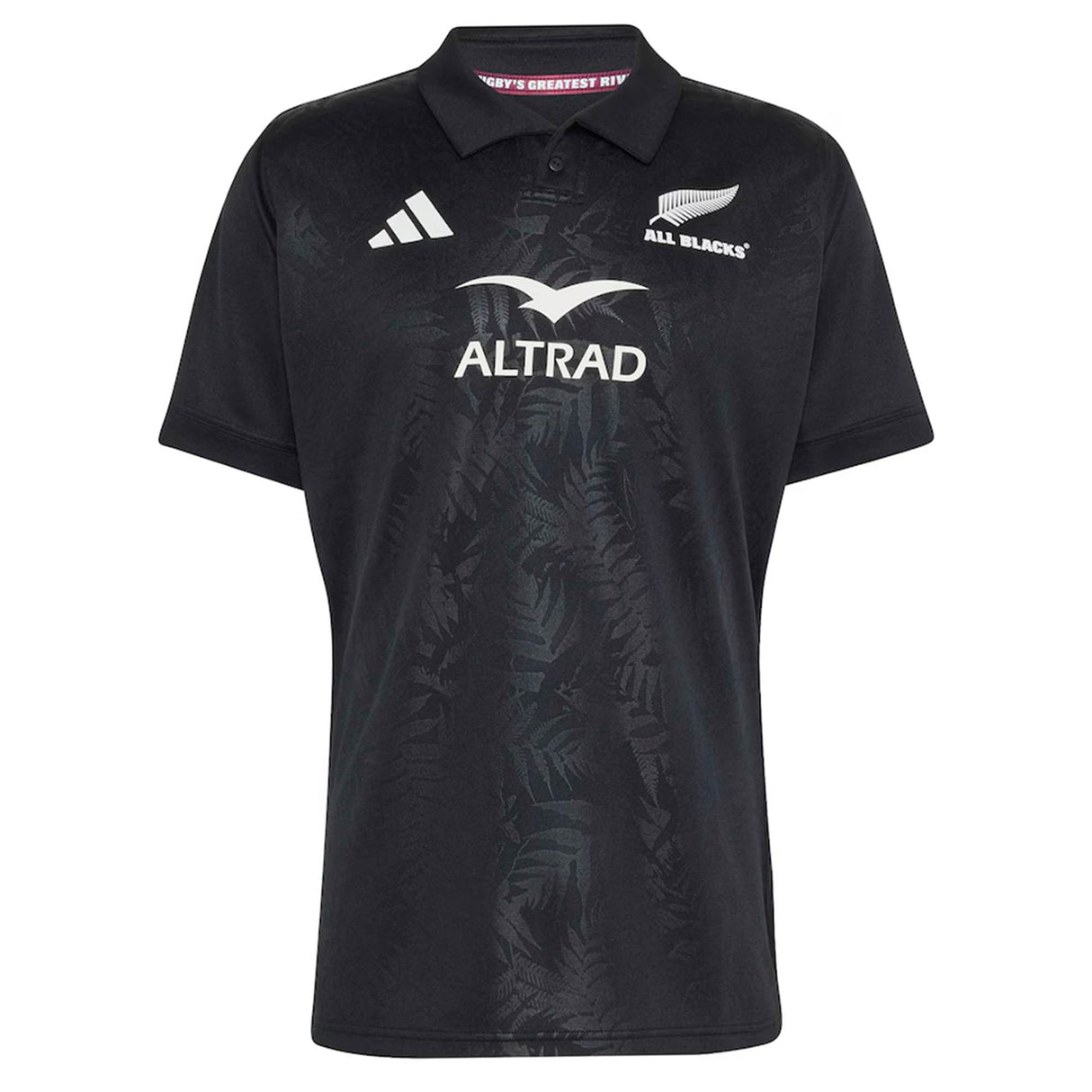 Introducing the All Blacks Greatest Rivalry Replica Home Jersey by adidas—a black rugby polo shirt adorned with adidas, Altrad, and All Blacks logos. Its subtle fern pattern on the front pays tribute to rugby heritage.