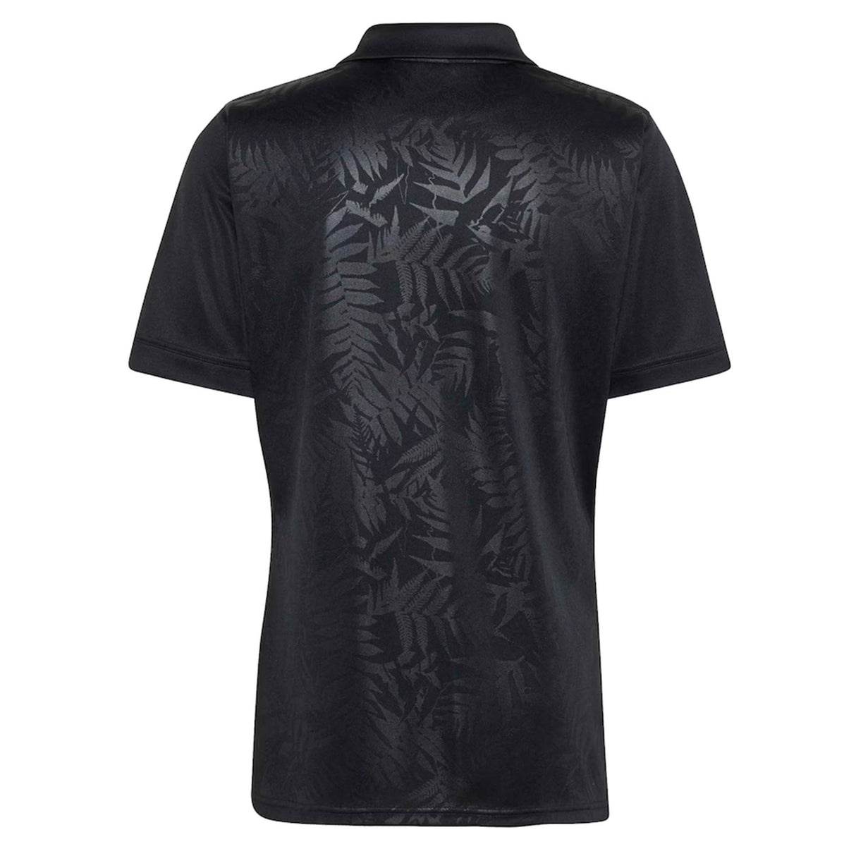 The back view of the All Blacks Greatest Rivalry Replica Home Jersey by adidas showcases a subtle, slightly glossy leaf-patterned design inspired by classic All Blacks jersey styling and adidas rugby heritage.