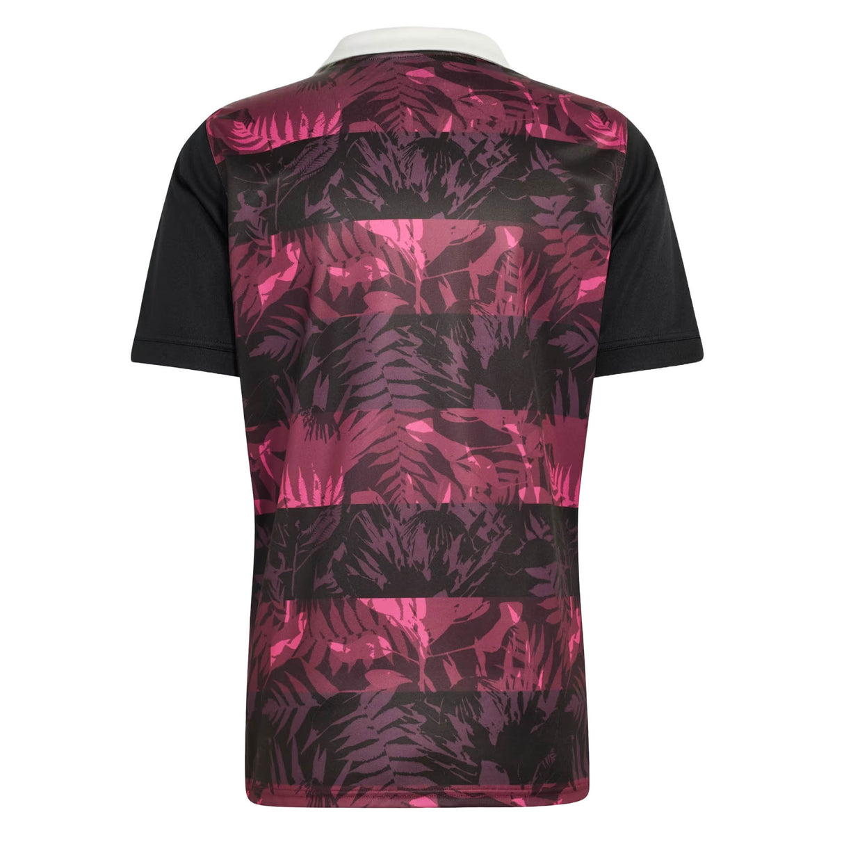 All Blacks 26/27 Training Jersey - South Africa Tour by adidas: A short-sleeve adidas jersey featuring a white collar, black sleeves, and a pink and black leaf pattern on the back—reminiscent of styles worn by the All Blacks for training during their South Africa tour.