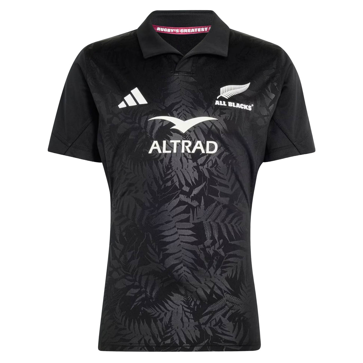 Elevate your rugby collection with the All Blacks Greatest Rivalry Performance Home Jersey by adidas—a black short-sleeve jersey featuring a distinctive fern pattern, classic collar with “RUGBY’S GREATEST” printed inside, and bold white sponsor and team logos, designed for true fans of performance rugby shirts.