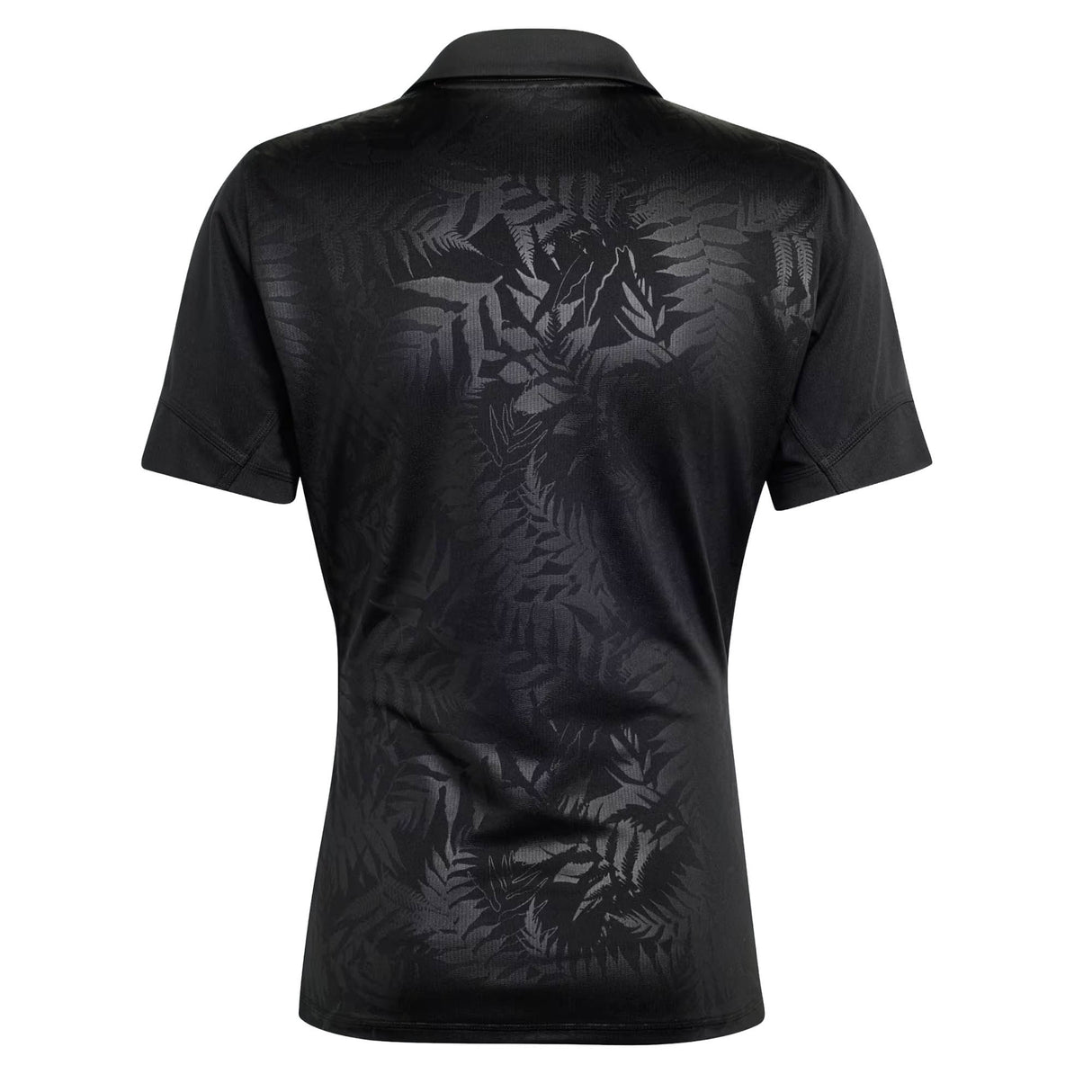 Black short-sleeved All Blacks Greatest Rivalry Performance Home Jersey by adidas shown from the back, featuring a subtle, glossy leaf pattern across the fabric—reminiscent of an iconic adidas rugby jersey.
