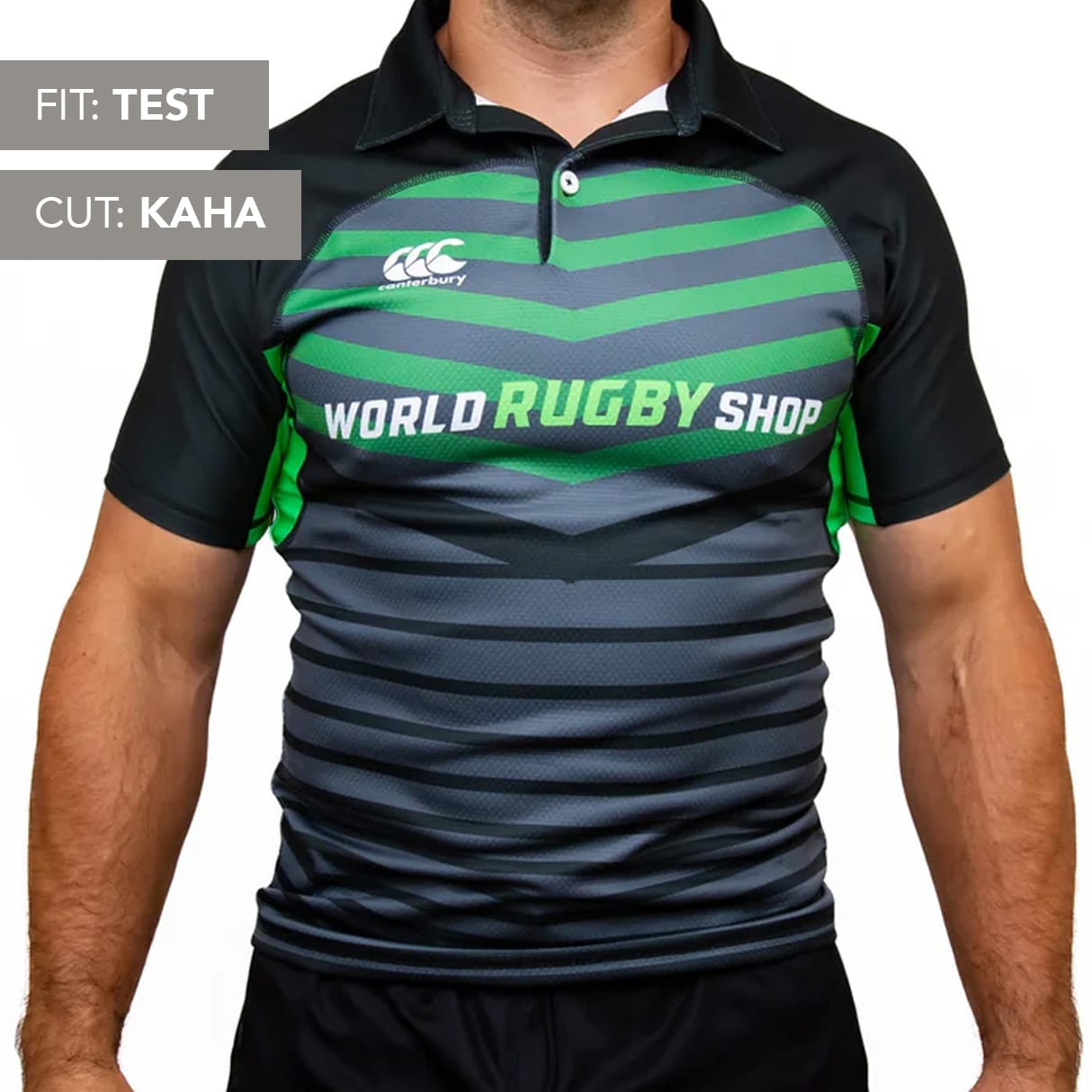 A person wears a black, green, and gray Canterbury Elite Full Custom Sublimated Jersey - Mens by Teamatical, with "FIT: TEST" and "CUT: KAHA" labels shown on the left side of the image.