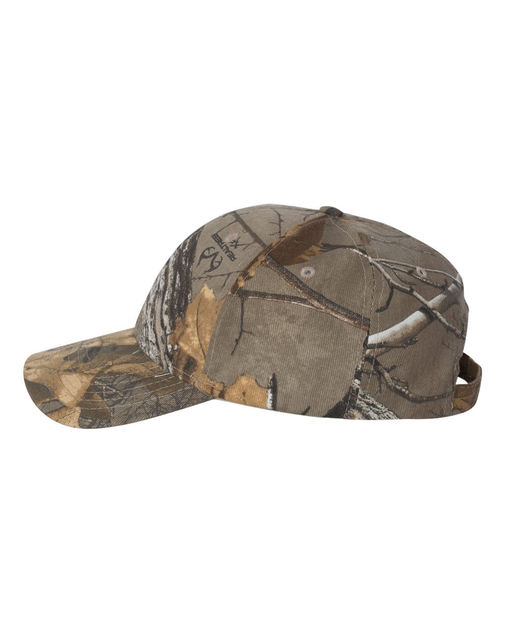 The EMB S&S Activewear USA Rugby Throwback Licensed Camo Cap in Realtree Xtra features a curved brim, nature-inspired pattern, and adjustable back strap, shown here from the side.