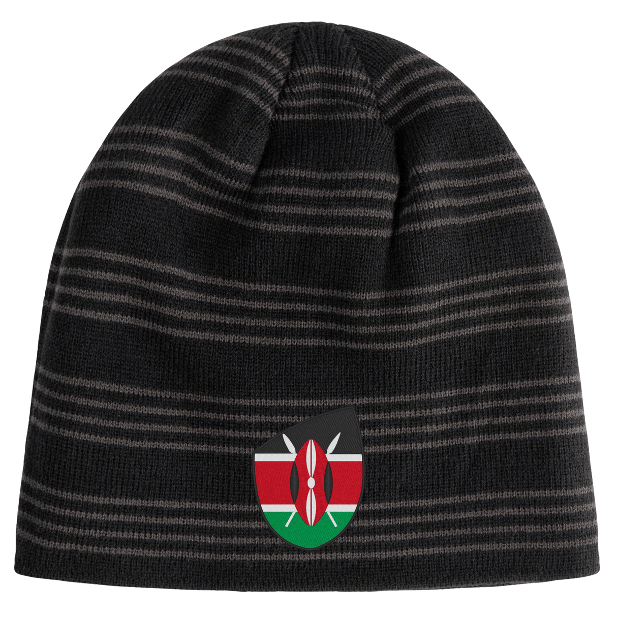 The EMB Canterbury Kenya Shield Beanie is a black and grey striped hat featuring the Kenya Shield emblem, ideal for proudly displaying your love for Kenya.