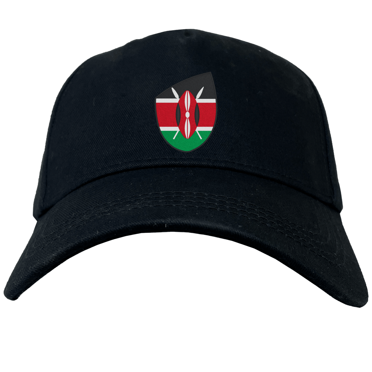 The Kenya Shield Flex Drill Cap by EMB Canterbury is a black cap featuring the iconic Kenya Shield with crossed spears and the vibrant Kenyan flag on the front.