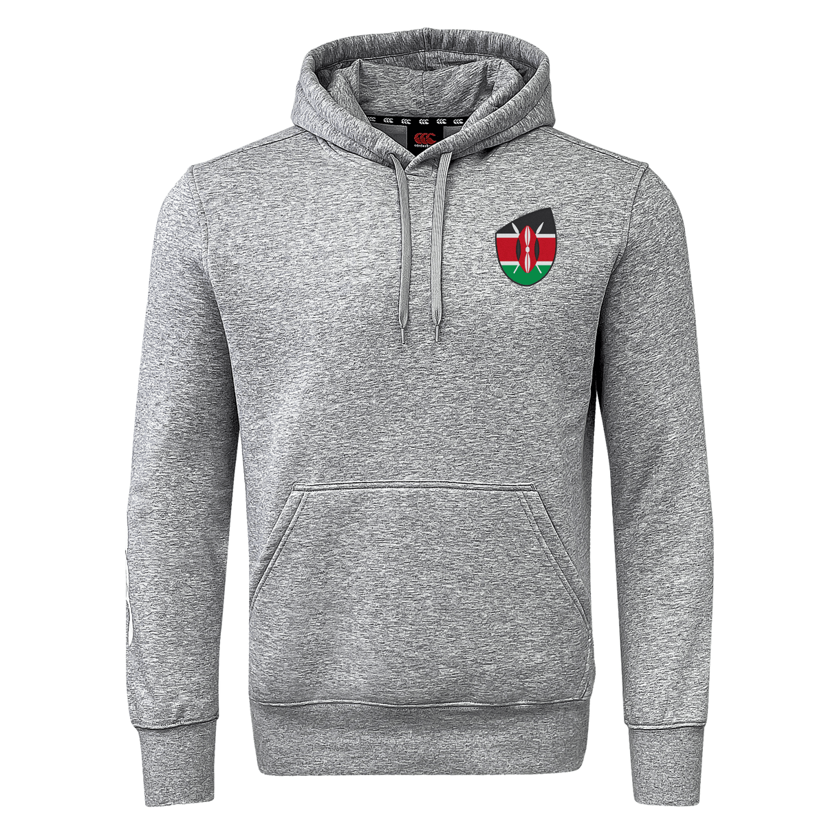 EMB Canterbury's Kenya Shield Club Hoodie: a gray sweatshirt fleece hoodie with a front pocket, drawstrings, embroidered shield with flag design, and small Kenyan flag emblem on the chest.