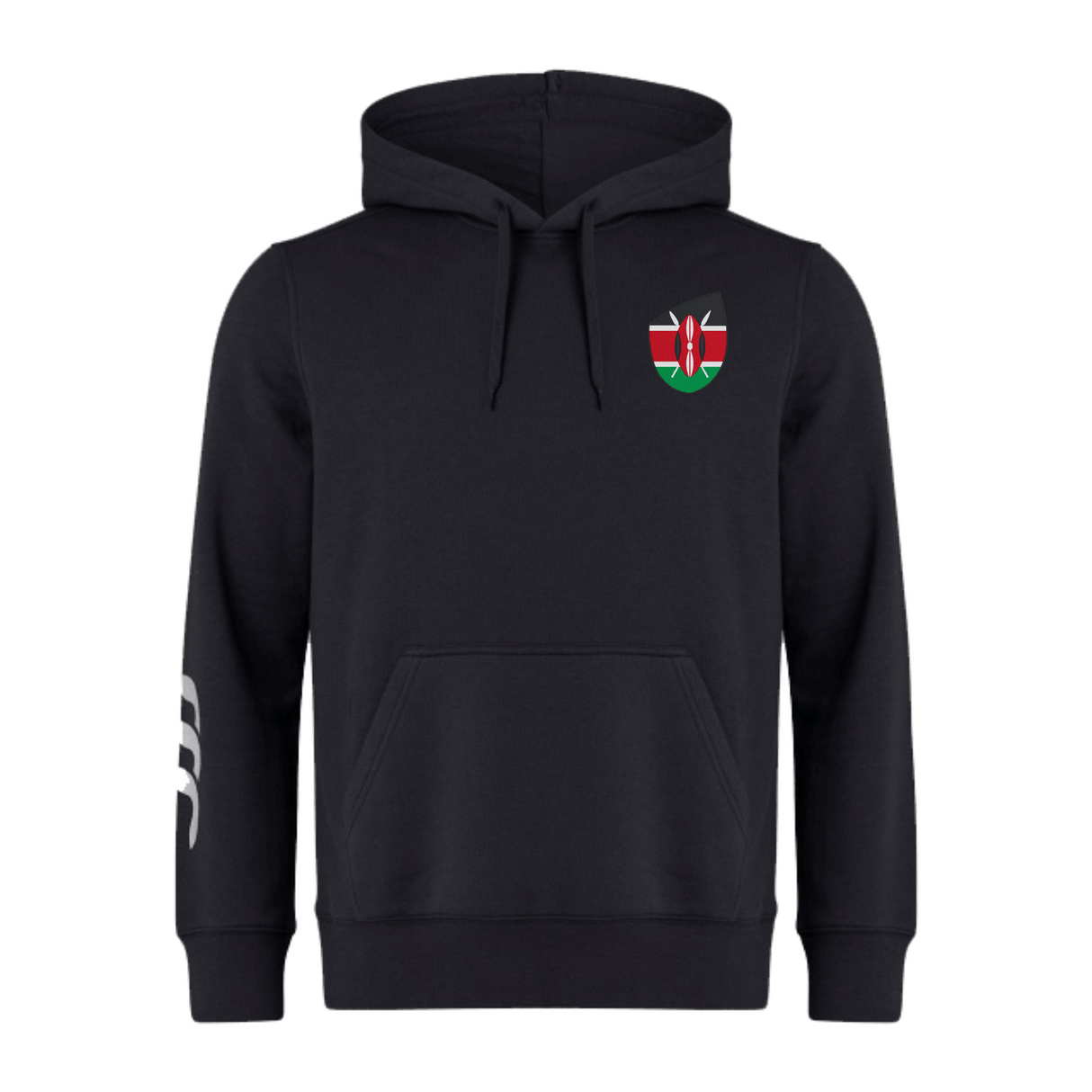 Discover the Kenya Shield Club Hoodie by EMB Canterbury, a black masterpiece crafted from premium fleece. It features an embroidered shield with a flag design on the left chest and a striking white pattern on the right sleeve, blending comfort with national pride.
