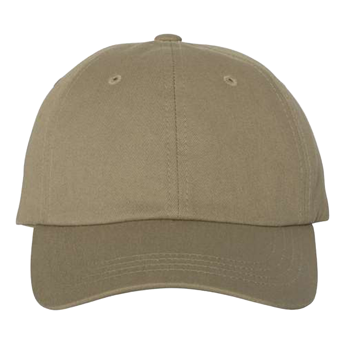 The S&S Activewear Adult Low-Profile Cotton Twill Dad Cap features a plain khaki design with a curved brim and ventilation eyelets, shown against a white background.