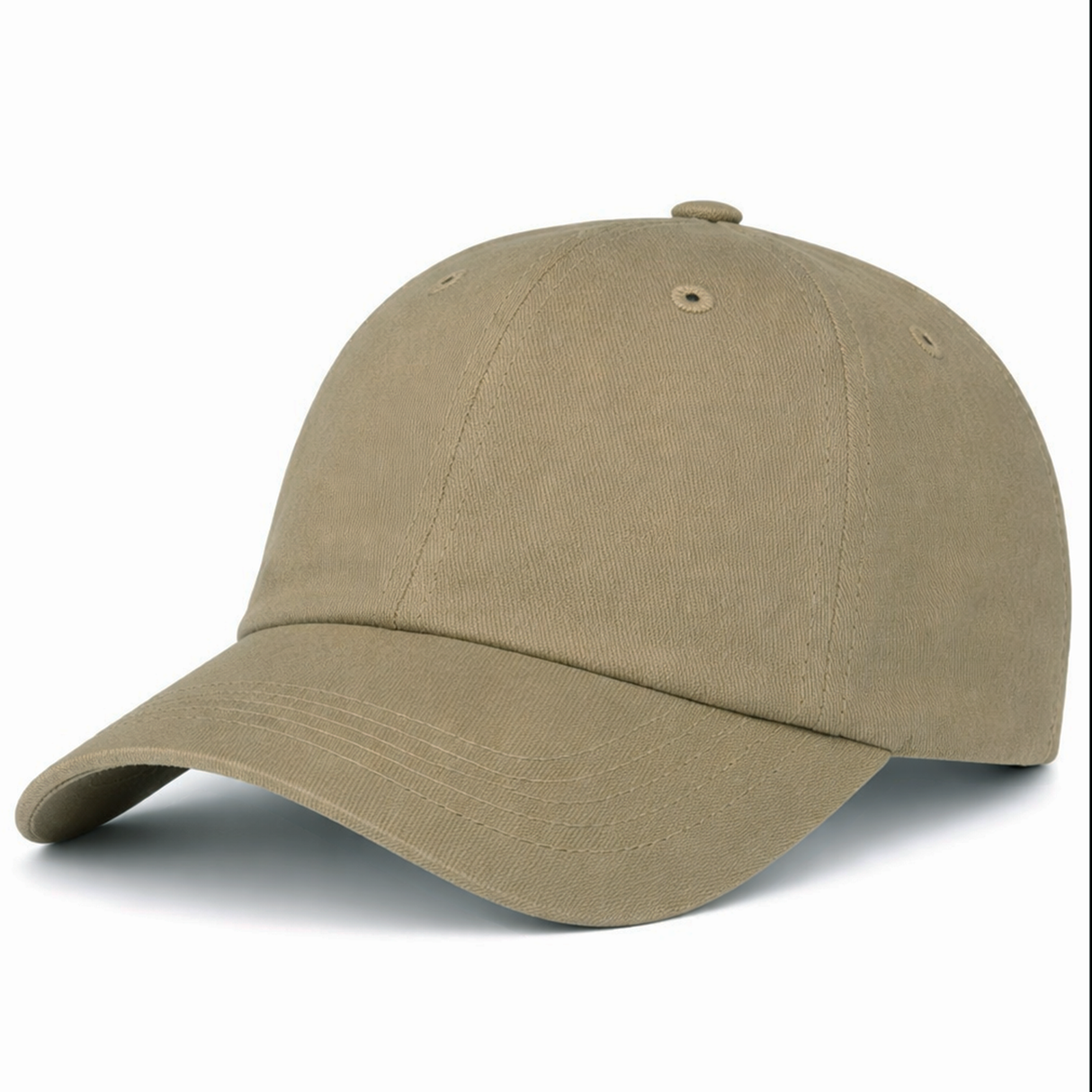 The S&S Activewear Adult Low-Profile Cotton Twill Dad Cap features a curved brim and ventilation eyelets, shown in khaki against a white background.