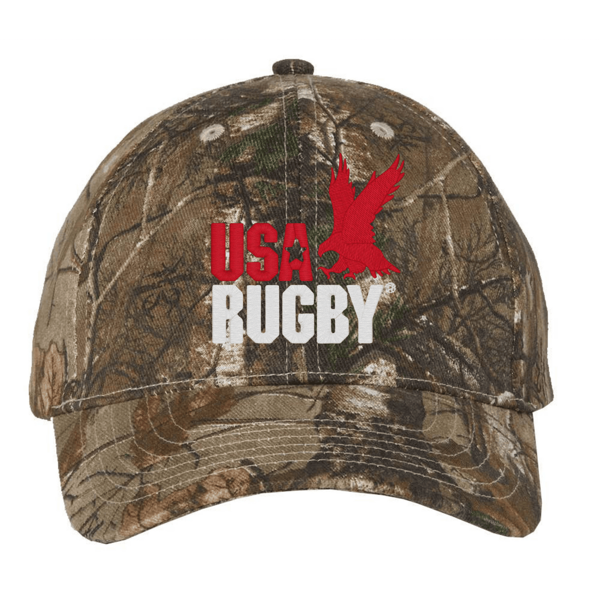 The USA Rugby Throwback Licensed Camo Cap - Realtree Xtra by EMB S&S Activewear features "USA RUGBY" text and a red eagle graphic, perfect for any fan of USA Rugby caps.
