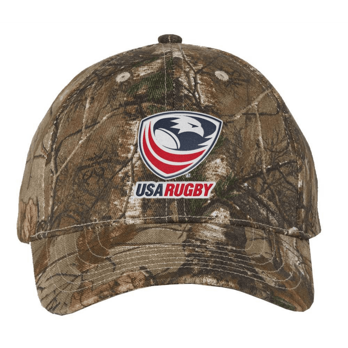 The EMB S&S Activewear USA Rugby Licensed Camo Cap - Realtree Xtra features an authentic camo pattern and a USA Rugby logo patch for a sporty, rugged look.